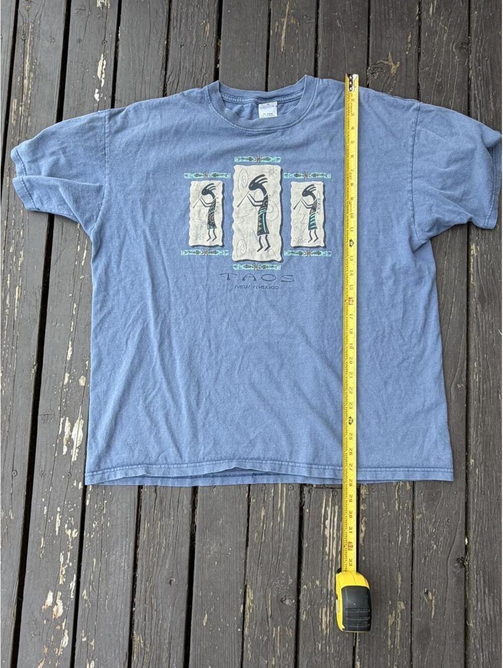 90s Taos New Mexico blue cotton t-shirt with three stylized figures in a row